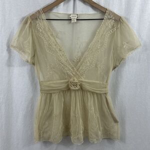 Anthropologie Viola Tulle Sheer Rosette Top Tan Womens Size 2 Victorian Romantic